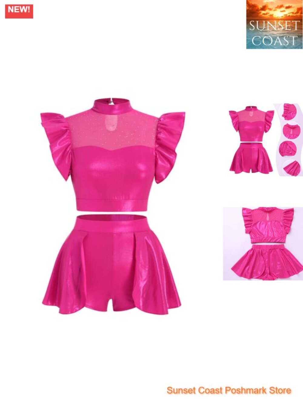 Metallic Dance Dress Crop Top with Ruffle Sleeve Half Skirt Ballerina Costume